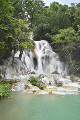 Tat Kuang Si Waterfalls is one of the waterfalls. Located about 32 kilometers from Luang Prabang, Laos, it is known as the most beautiful waterfall of Luang Prabang. Laos PDR 