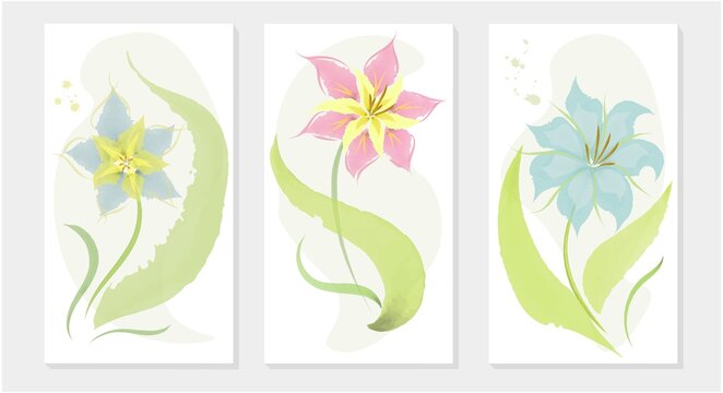 Flower watercolor art triptych wall art vector. Abstract art background with colorful flowers and leaf hand paint design for wall decor, poster and wallpaper. Wall art for decor.