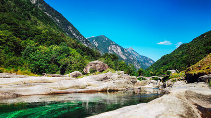 Beautiful Verzasca River at Lavertezzo in the Verzasca Valley, Ticino Tessin in Switzerland.-...