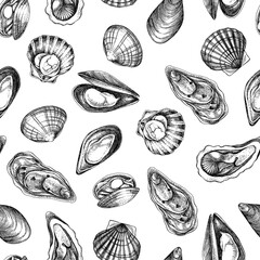 Clams, mussels pattern. Seafood background