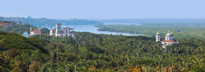 Aerial view of historic buildings in Goa, India. - obrazy, fototapety, plakaty