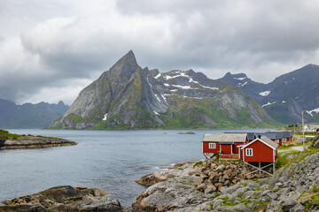 Lofoten islands. Fjord and fishing houses on the shore