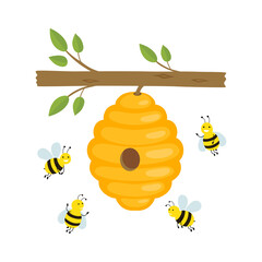 Bees flying around a beehive. Vector illustration isolated.
