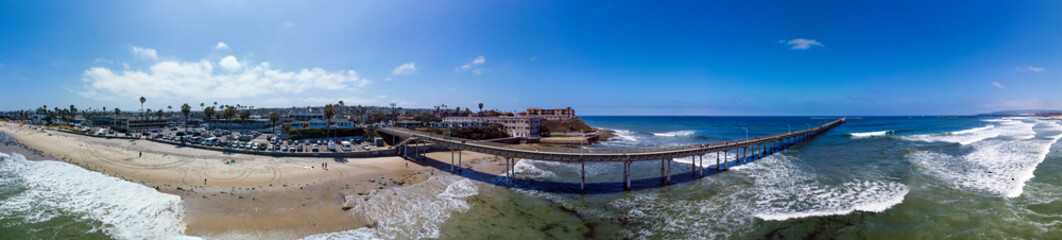 A Panoramic view of Ocean Beach, San Diego, California showing the Beach and the Pier