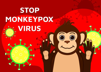 Vector poster Stop Monkeypox Virus slogan. Monkeypox fever. Illustration of monkey with virus cells on red background. Monkeypox virus banner for awareness and alert against disease spread