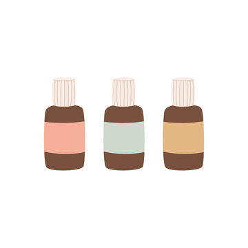 Brown glass bottles illustration for organic cosmetics, essential oils or pharmacy. Flat hand drawn style. Woman stuff, eco girls accessory concept. Natural face care products. Vector illustration