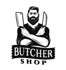 Butcher Shop label vector. Farm meat emblem. Chef holding knives cleaver for restaurant menu badge