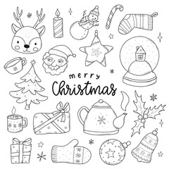 set of hand drawn monochrome Christmas doodles isolated on white background for coloring pages, prints, cards, labels, stickers, tags, icons, etc. EPS 10