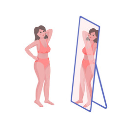 Happy beautiful woman looking to mirror. Self-love and acceptance concept. Self-perception. Flat vector illustration isolated on white background.