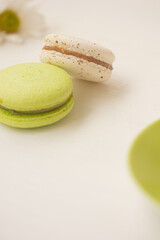 Summer dessert composition.  Green and white macarons, green plate, white chamomile on white background. Copy space