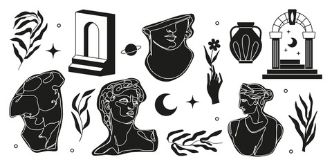 Abstract antique greek statues. Ancient greece mythology symbols, hand drawn classic sculpture modern style. Vector set