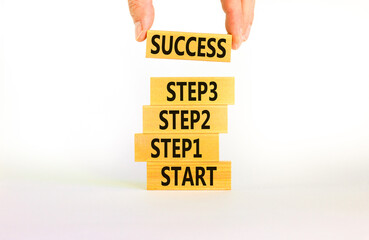 Strat, step and success symbol. Concept words Start step 1 2 3 success on wooden blocks on a beautiful white table white background. Businessman hand. Business start step 1 2 3 to success concept.