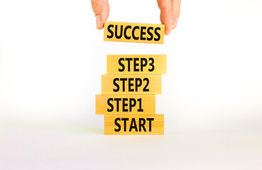 Strat, step and success symbol. Concept words Start step 1 2 3 success on wooden blocks on a...