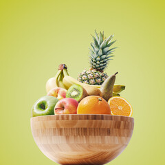 Wooden bowl full of fresh fruit