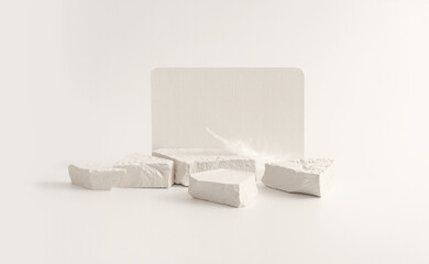 Texture stone platform eco podium and empty card on gray beige copy space background. Minimal still life display product presentation scene.