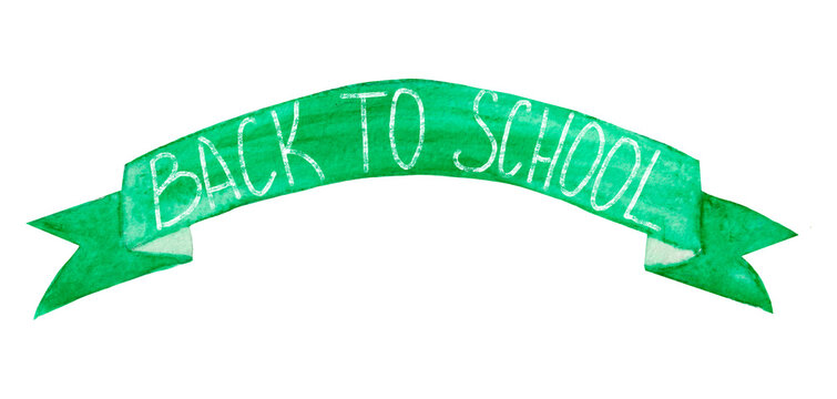 Watercolor illustration, bright green banner, back to school lettering, element isolated on white background.
