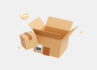 3D Open cardboard box. Fast shipment delivery. Unpacking order or parcel in cargo box. Moving concept. Cartoon creative minimal design icon isolated on white background. 3D Rendering - obrazy, fototapety, plakaty