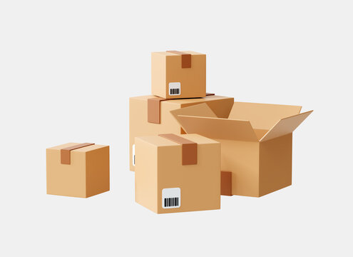3D Cardboard boxes on warehouse. Fast delivery concept. Moving with cargo box. Storage of parcel and order. Unboxing package. Cartoon creative design icon isolated on white background. 3D Rendering