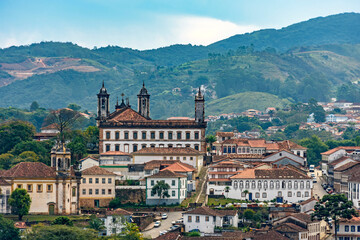 View of the historic city of Ouro Preto in Minas Gerais with its colonial-style houses and churches...