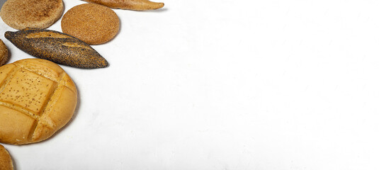 Background of assorted breads from above. Bakery food. Healthy food concept. flat lay