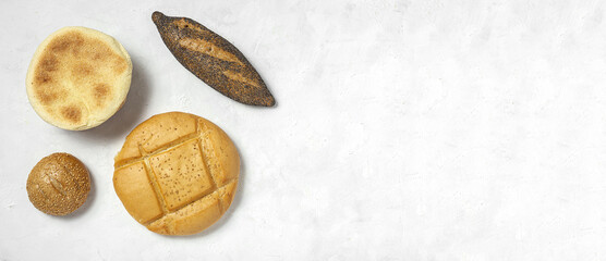 Background of assorted breads from above. Bakery food. Healthy food concept. flat lay