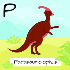 Parasaurolophus dinosaur. Letter P. Children's alphabet education. Vector illustration of a prehistoric dinosaur.