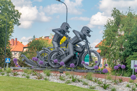 Rybnik, Poland - May 30, 2022: Speedway Rider Sculptures On Gliwice Roundabout.