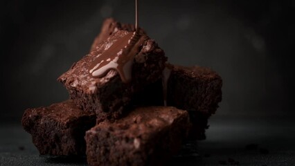 Pouring melted chocolate on cake biscuits in a slow motion. Brownies with chocolate icing on black background