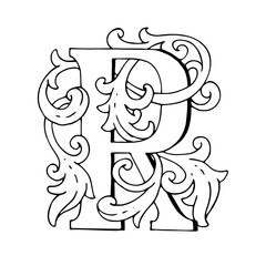 Letters R Drop Caps. Vector hand-drawing letter. Fabulous ornament