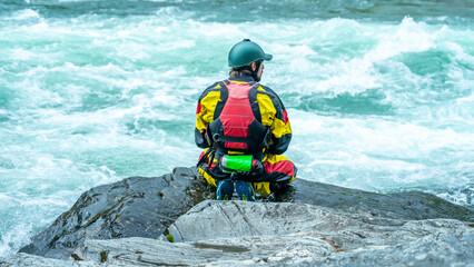 Fototapeta na wymiar Kayaker ready for professional rescue
