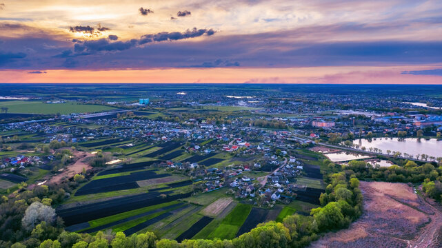 Summer, view of the Ukrainian village at sunset, drone view, aerial photography