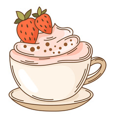 Coffee cup with whipped cream and strawberry clipart. Hot chocolate mug with zephyr vector illustration. Sweet drink in cartoon style