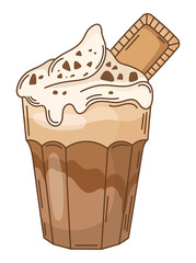Hot chocolate cup with cookie clipart. Cartoon iced coffee with ice cream vector illustration. Sweet drink in cartoon style