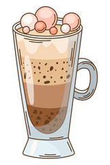 Sweet coffee drink vector clipart. Hot chocolate mug with marshmallows illustration. Cappuccino glass in cartoon style