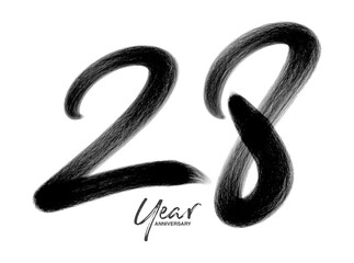 28 Years Anniversary Celebration Vector Template, 28 Years  logo design, 28th birthday, Black Lettering Numbers brush drawing hand drawn sketch, number logo design vector illustration