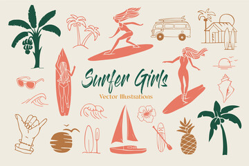 Surfer Girls Summer Vector Graphics