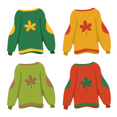 a set of autumn sweaters in yellow, green and red with a leaf in a flat style. reverse image.