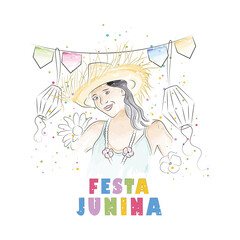 Watercolor girl with summer hat and ornaments Festa Junina Poster Vector