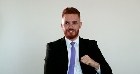 Business man eureka moment. Executive redhair insight idea. pensive thoughtful entrepreneur looking for idea decision