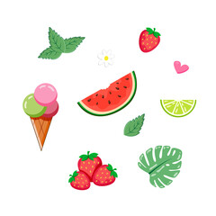 Collection summer vibe stickers cartoon set. Drawings ice cream, soda and fruits, strawberry, watermelon, lime, mint and melissa. Decoration for daily planner, scrapbooking.  Good for packaging