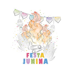 Watercolor campfire sketch and celebration ornaments Festa Junina Poster Vector