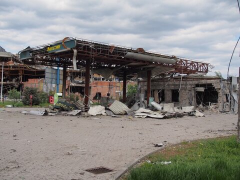 Mariupol, Ukraine, May 11 2022. The ruins of the shopping center and gas station