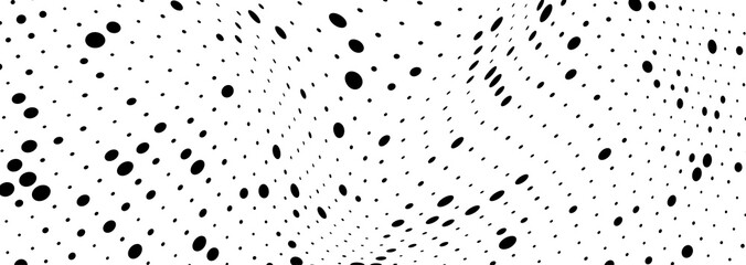 Abstract halfton texture in black and white. A chaotic pattern of dots on a white background. Vector modern optical texture of pop art for posters, business cards, covers, label layouts, stickers