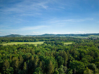 Aerial shot of forest and hills in background