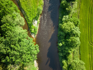 Top down aerial shot of river