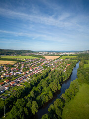 Aerial shot of village and river