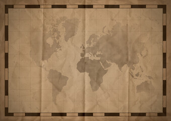 Old vintage map background. Vintage world map stylization. Folded vintage old map. High resolution map. Old parchment map