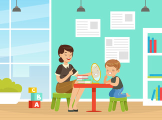 Professional Speech Therapist Teaching Little Boy Letter Pronunciation Sitting at Table with Mirror Vector Illustration