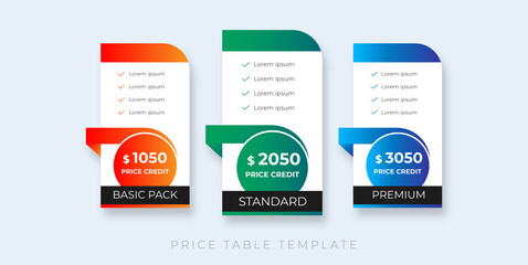price table modern design price list subscription plans of Ui web element design. Price chat product plan or  infographic design template  Comparison plan chart colorful design presentation