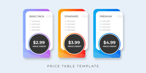 price table modern design price list subscription plans of Ui web element design. Price chat product plan or  infographic design template  Comparison plan chart colorful design presentation
